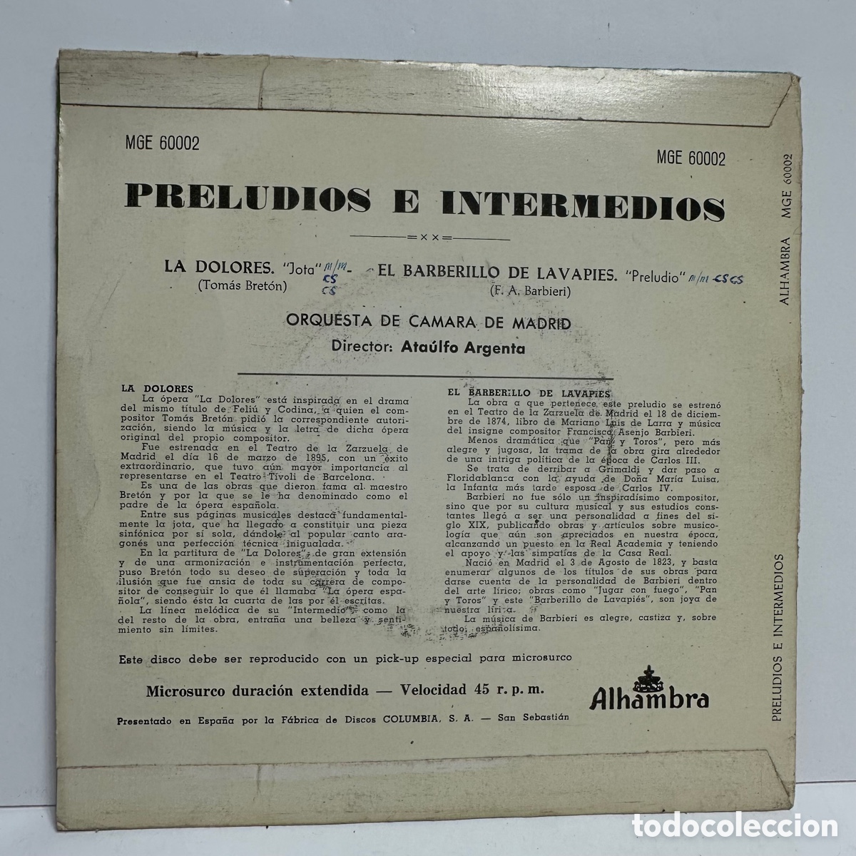Discos de vinilo: Ataulfo Argenta - Preludios e Intermedios - La Dolores (7&rdquo;, EP) - Foto 2