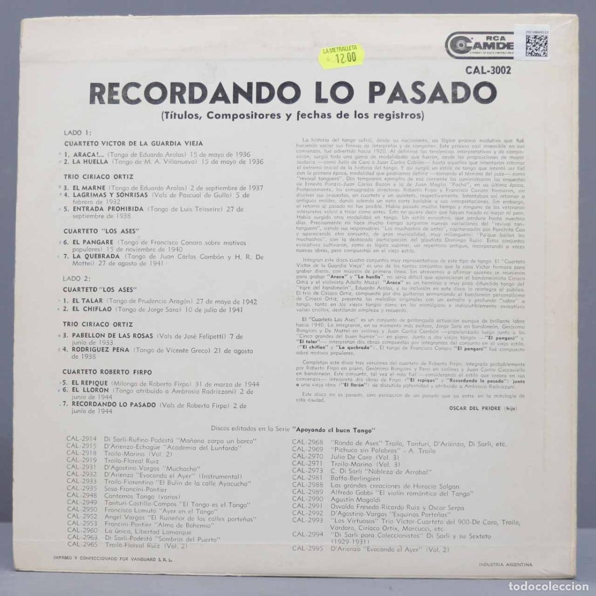 Discos de vinilo: LP. Various &ndash; Recordando Lo Pasado - Foto 2