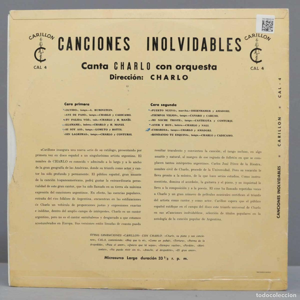 Discos de vinilo: LP. CHARLO. CANCIONES INOLVIDABLES - Foto 2