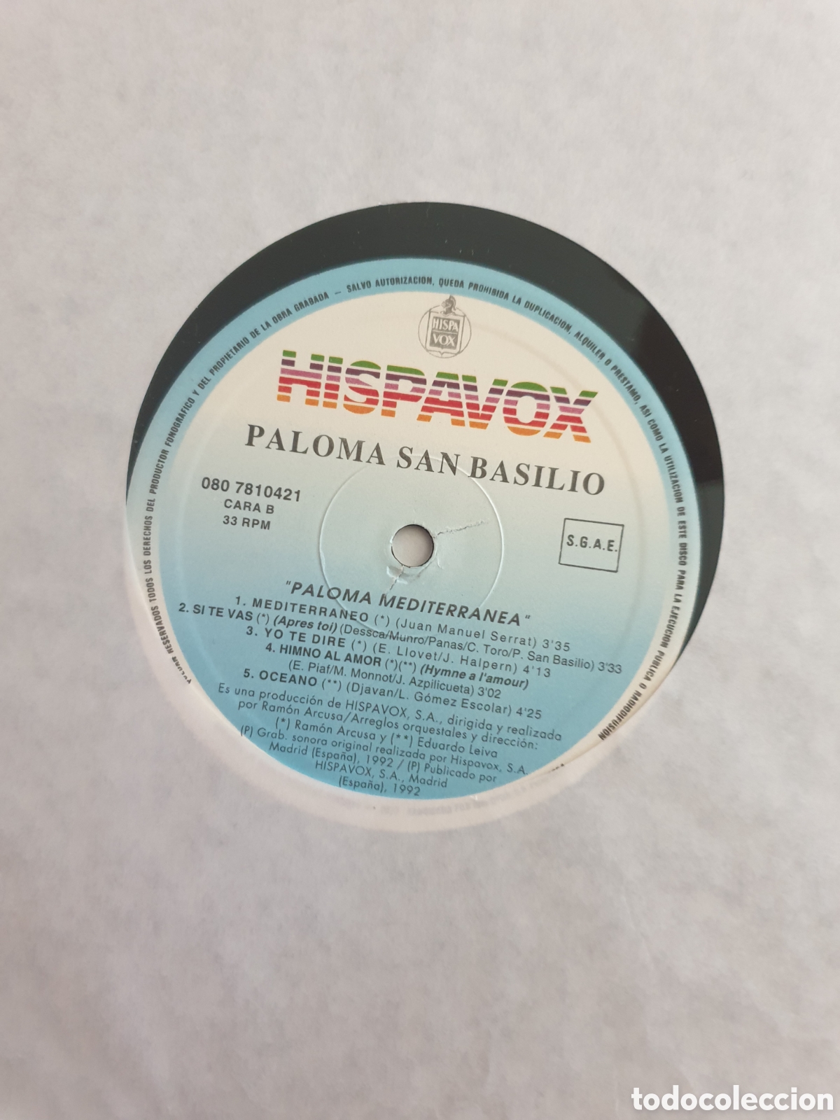 Discos de vinilo: Paloma mediterr&aacute;nea. Disco de vinilo. - Foto 5