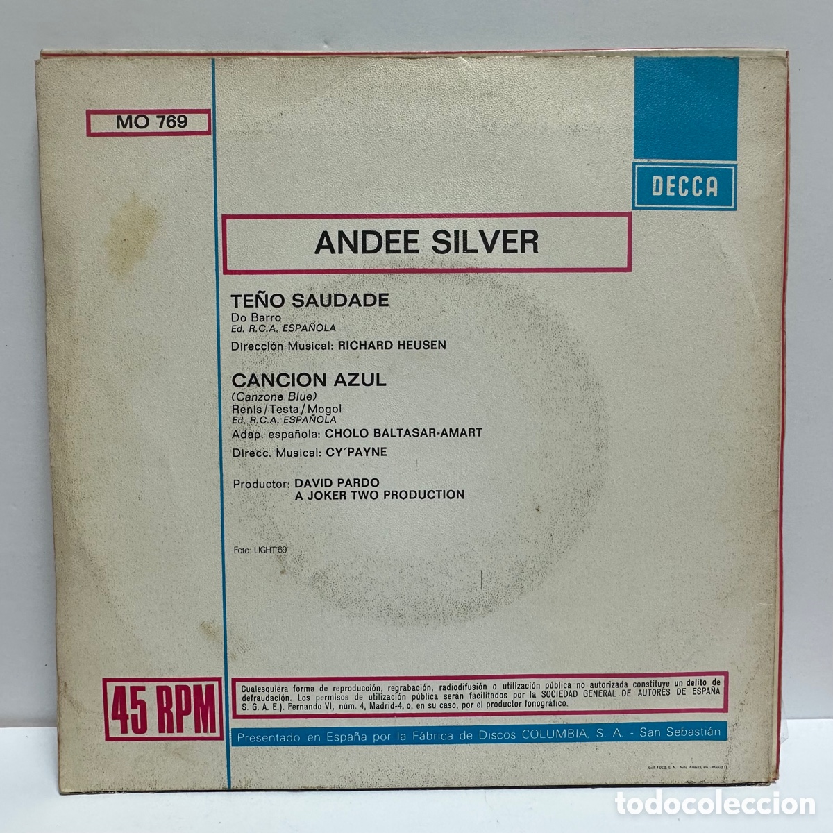 Discos de vinilo: Andee Silver - Te&ntilde;o Saudade / Cancion Azul (7&rdquo;, Single) - Foto 2