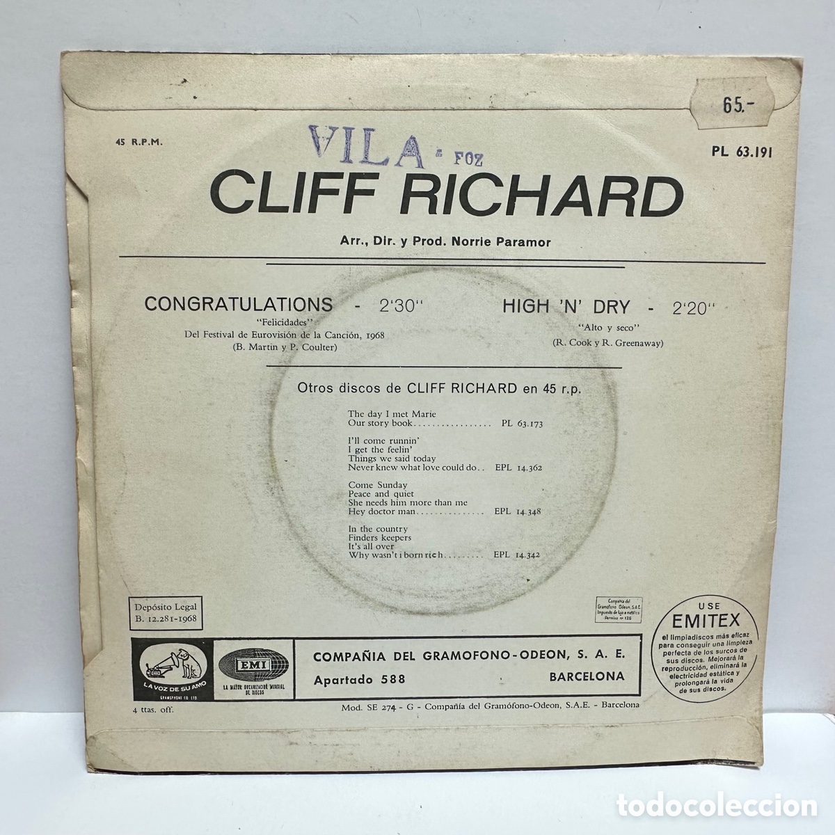 Discos de vinilo: Cliff Richard - Congratulations (7&rdquo;, Single) - Foto 2
