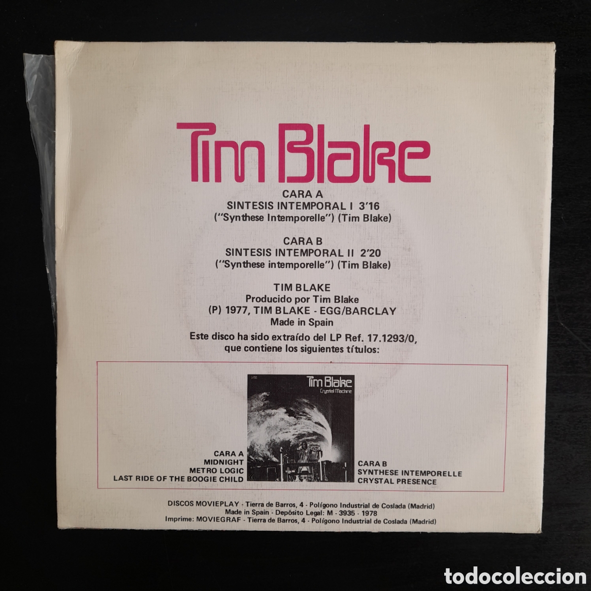 Discos de vinilo: Tim Blake &ndash; S&iacute;ntesis Intemporal. Vinilo, 7&rdquo;, Single 1978 - Foto 2