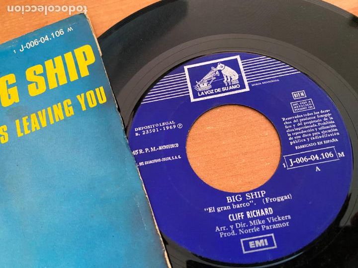 Discos de vinilo: CLIFF RICHARD (BIG SHIP) SINGLE ESPA&Ntilde;A 1969 (EPI26) - Foto 2
