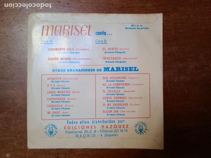 Discos de vinilo: Marisel - juramento cale + cari&ntilde;o gitano + el besito + apretadito - Foto 2