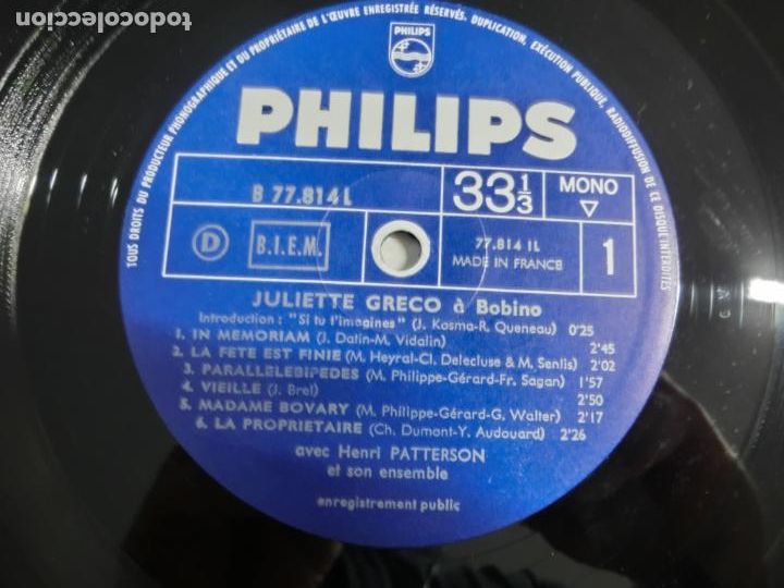 Discos de vinilo: JULIETTE GRECO - JULIETTE GRECO A BOBINO - Foto 3