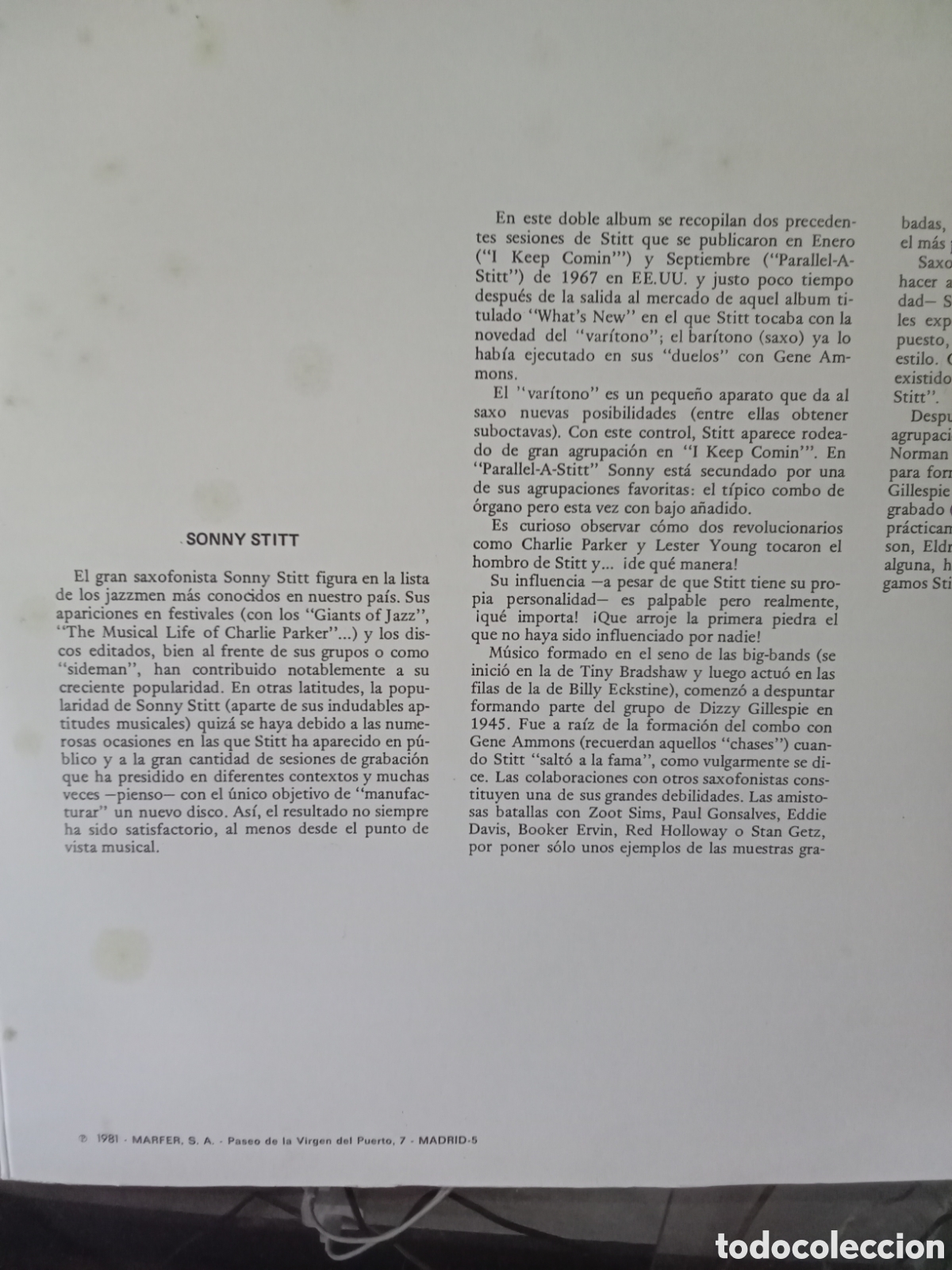 Discos de vinilo: SONNY STITT Doble LP MARFER Spain 1981 - Foto 6