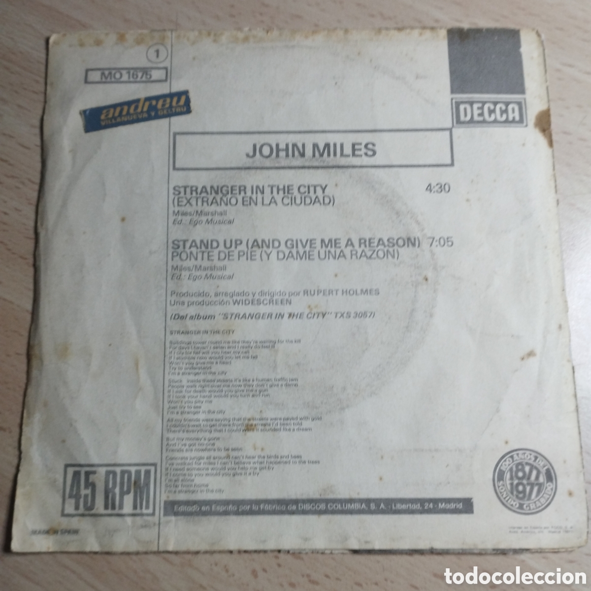 Discos de vinilo: Single 7&rdquo; John Miles 1977 Extra&ntilde;o en la ciudad + stand Up. - Foto 2