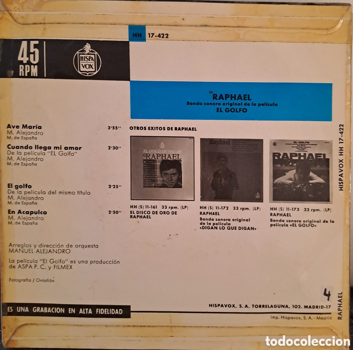 Discos de vinilo: RAPHAEL. B.S.O. EL GOLFO. EP. SPAIN. LGS.4 - Foto 2