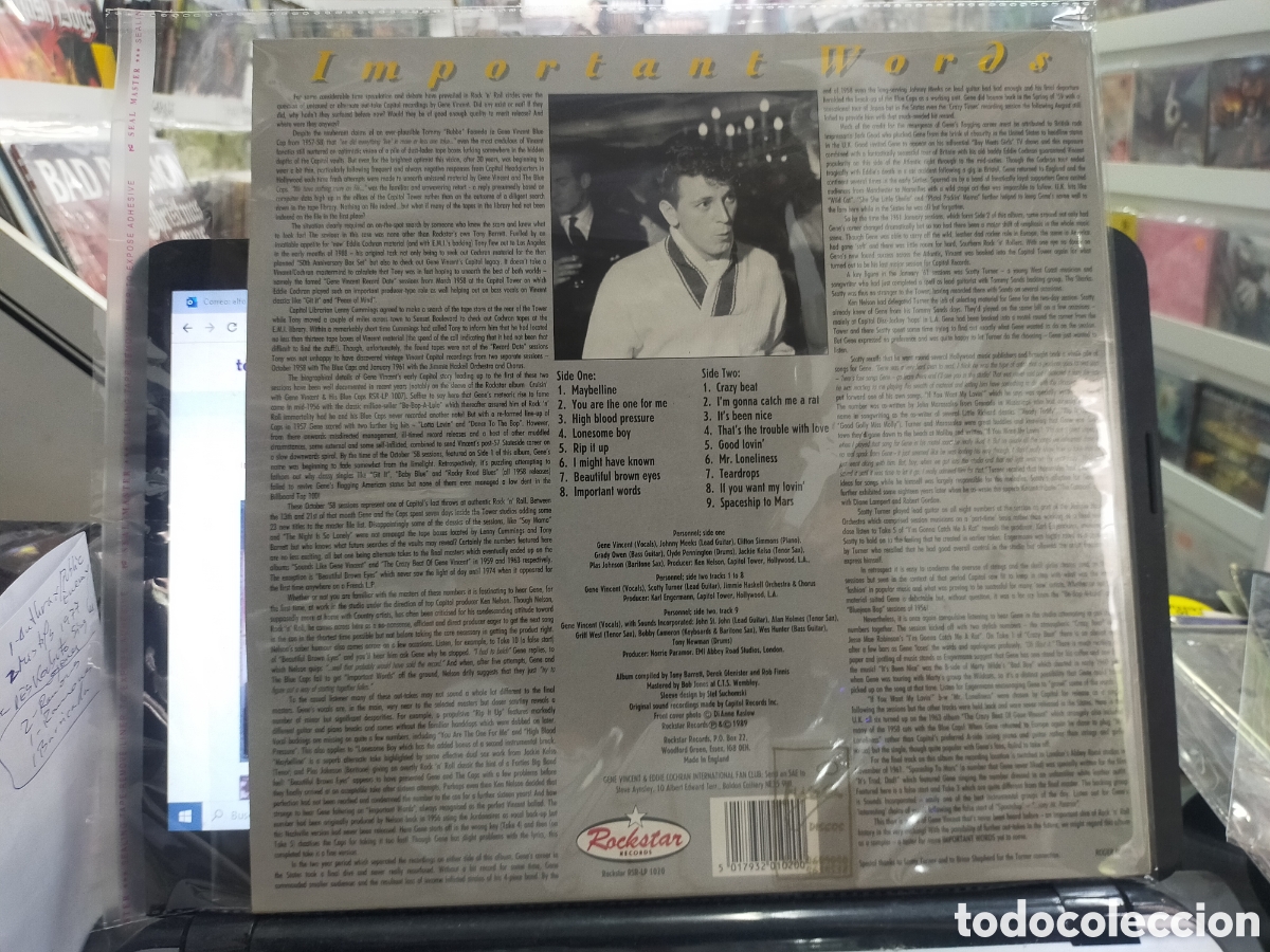 Discos de vinilo: Important words LP gene Vincent 1989 - Foto 2