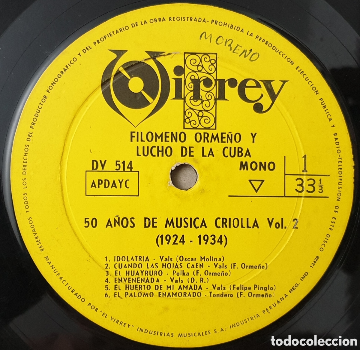 Disques de vinyle: LP FILOMENO ORME&Ntilde;O/LUCHO DE LA CUBA - 50 de m&uacute;sica criolla Vol.2 (Peru - Virrey - 1964) SOLO VINILO!