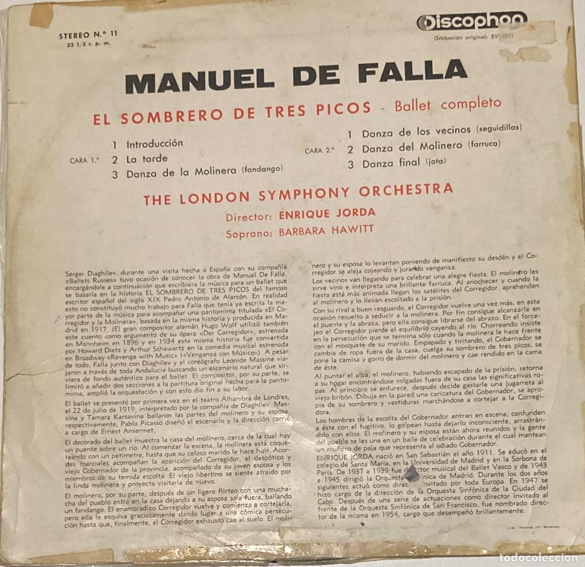 Discos de vinilo: DISCO LP. EL SOMBRERO DE TRES PICOS. MANUEL DE FALLA. - Foto 2