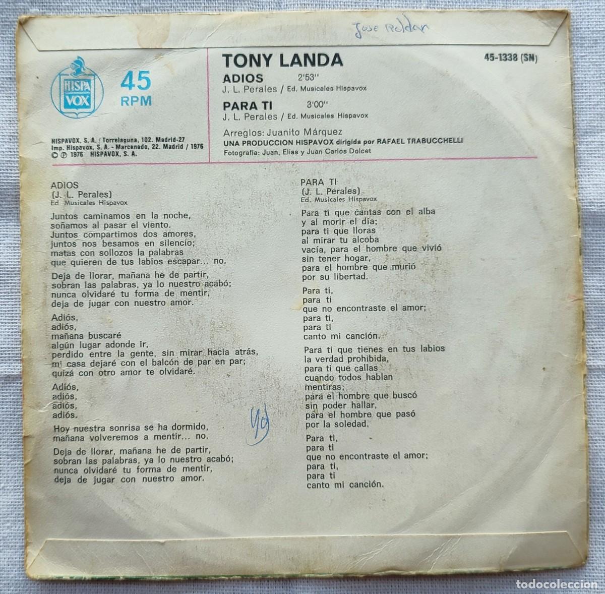 Discos de vinilo: Tony Landa / Adios / Para ti / Hispavox - Foto 2