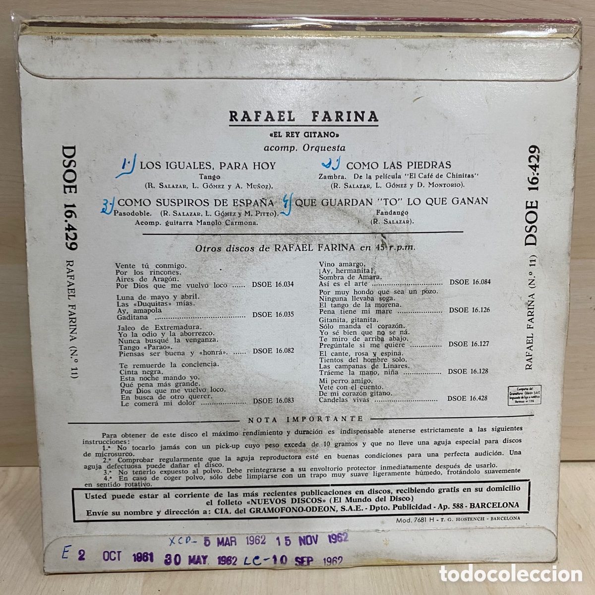 Discos de vinilo: Rafael Farina - &rdquo;El Rey Gitano&rdquo; (7&rdquo;, EP) - Foto 2