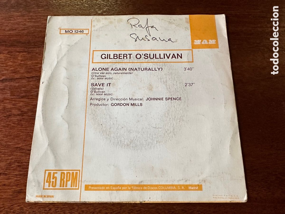 Discos de vinilo: GILBERT O&rsquo;SULLIVAN - ALONE AGAIN ( NATURALLY ) SAVE IT 1972 MAM&Eacute;S - Foto 2