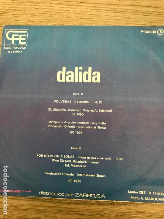 Discos de vinilo: DALIDA , VOLVER&Aacute;S , SINGLE , ZAFIRO - Foto 2