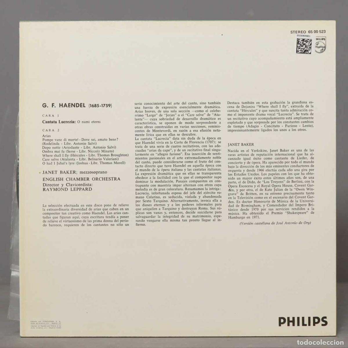 Discos de vinilo: LP.CANTATA LUCREZIA. HAENDEL. BAKER. LEPPARD - Foto 2