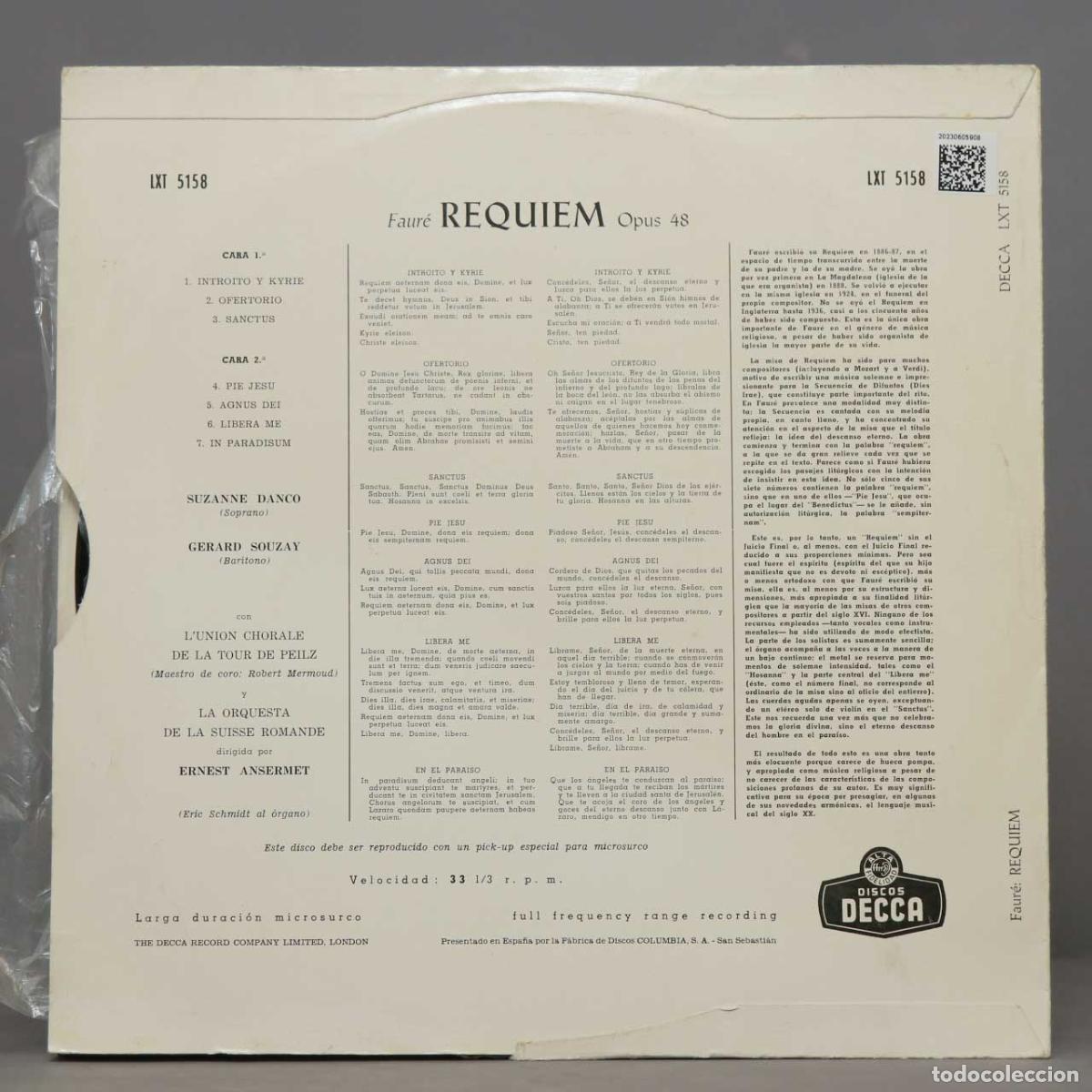 Discos de vinilo: LP. Ansermet &ndash; Requiem Opus 48. FAURE - Foto 2