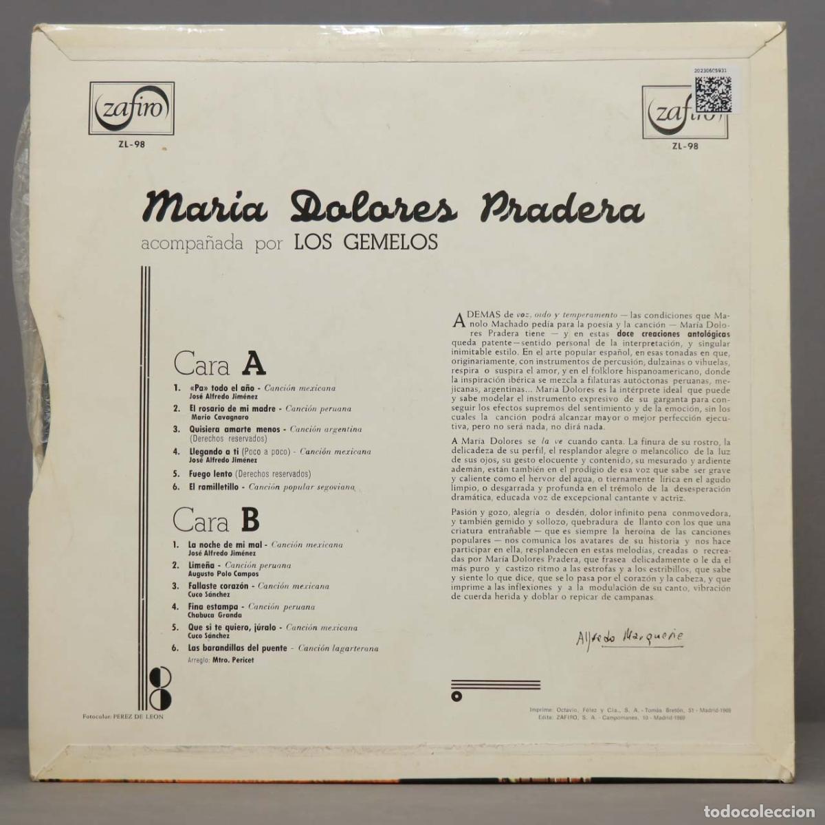 Discos de vinilo: LP. Maria Dolores Pradera Acompa&ntilde;ada Por Los Gemelos - Foto 2