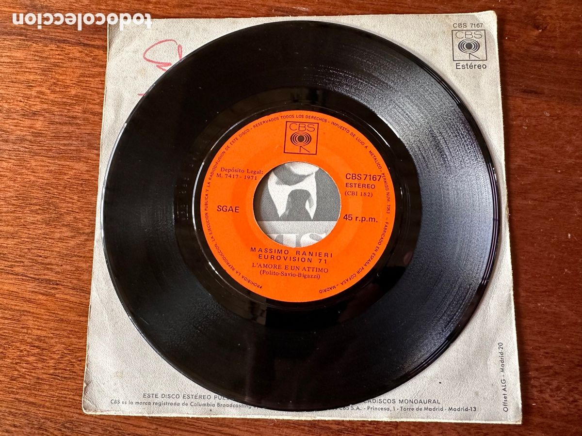 Discos de vinilo: EUROVISION 71. MASSIMO RANIERI. LAMORE E UN ATTIMO - Foto 4