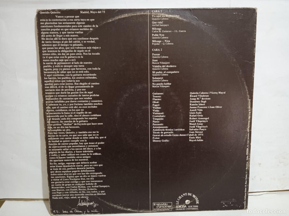 Discos de vinilo: Quint&iacute;n Cabrera - Yo Nac&iacute; En Montevideo - LP - Gatefold - 1975 - Foto 2