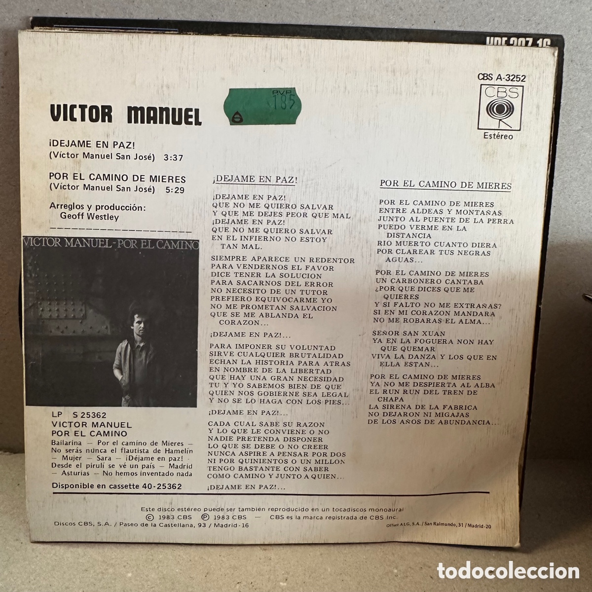 Discos de vinilo: Victor Manuel - &iexcl;Dejame En Paz! (7&rdquo;) - Foto 2