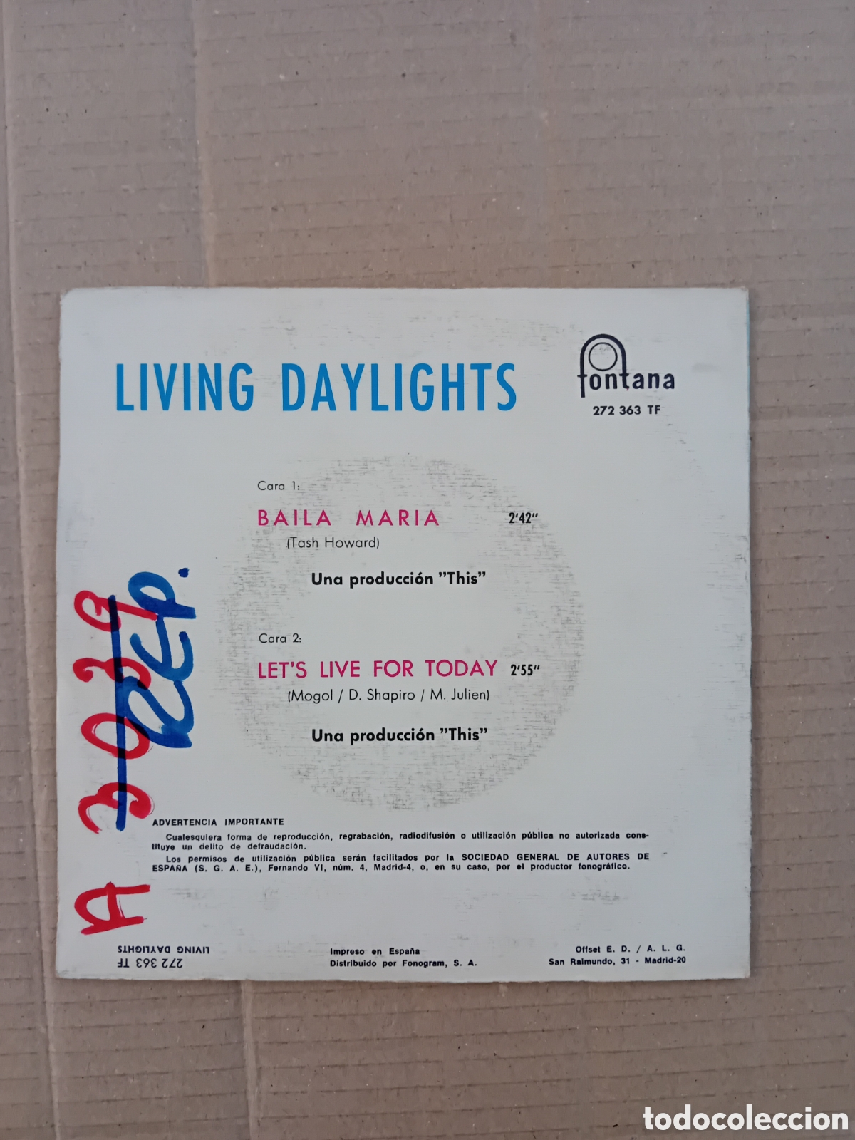 Discos de vinilo: LIVING DAYLIGHTS. BAILA MARIA - Foto 2