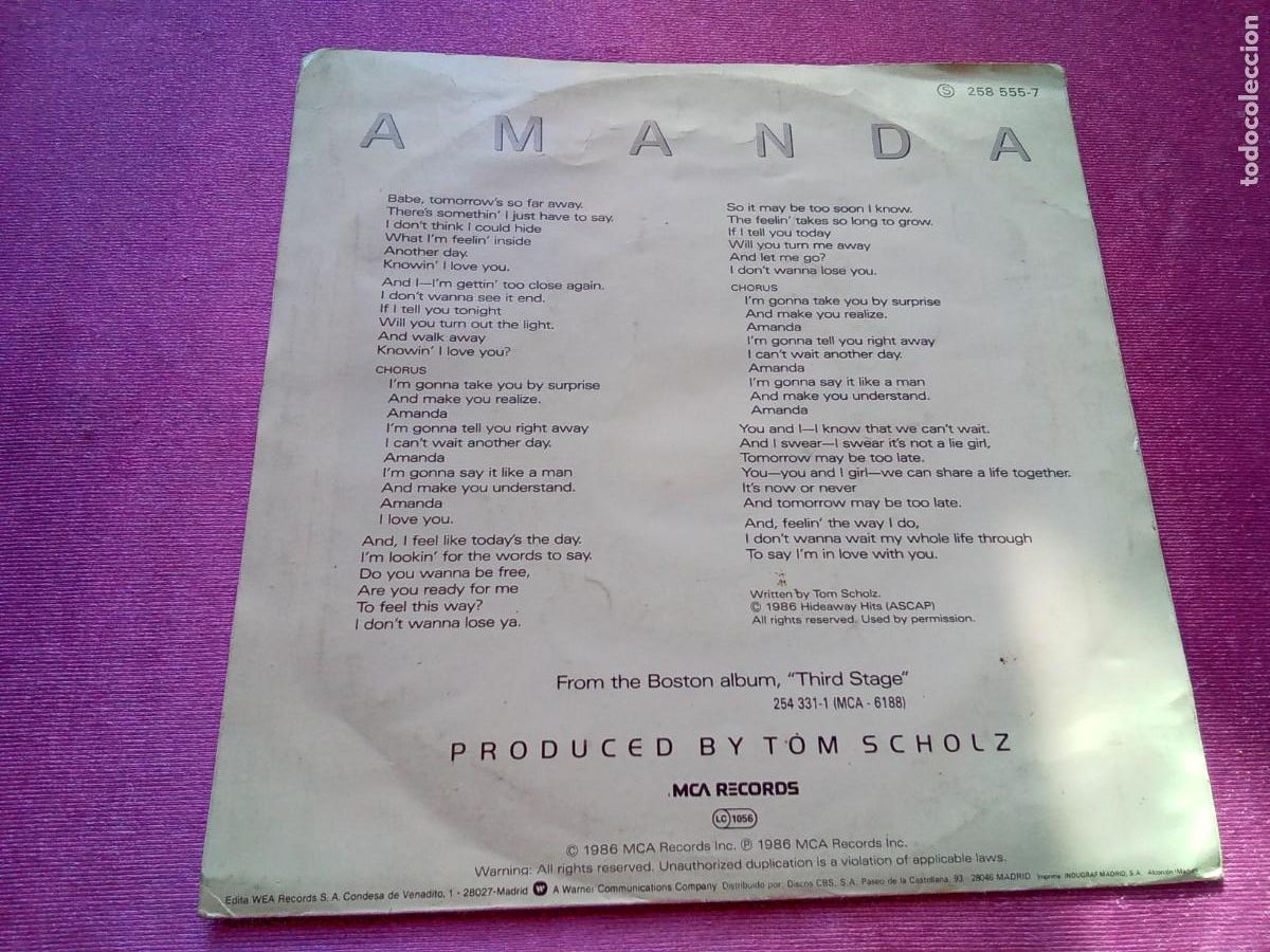 Discos de vinilo: BOSTON AMANDA EP 1986 VINILO MA5C3 - Foto 2