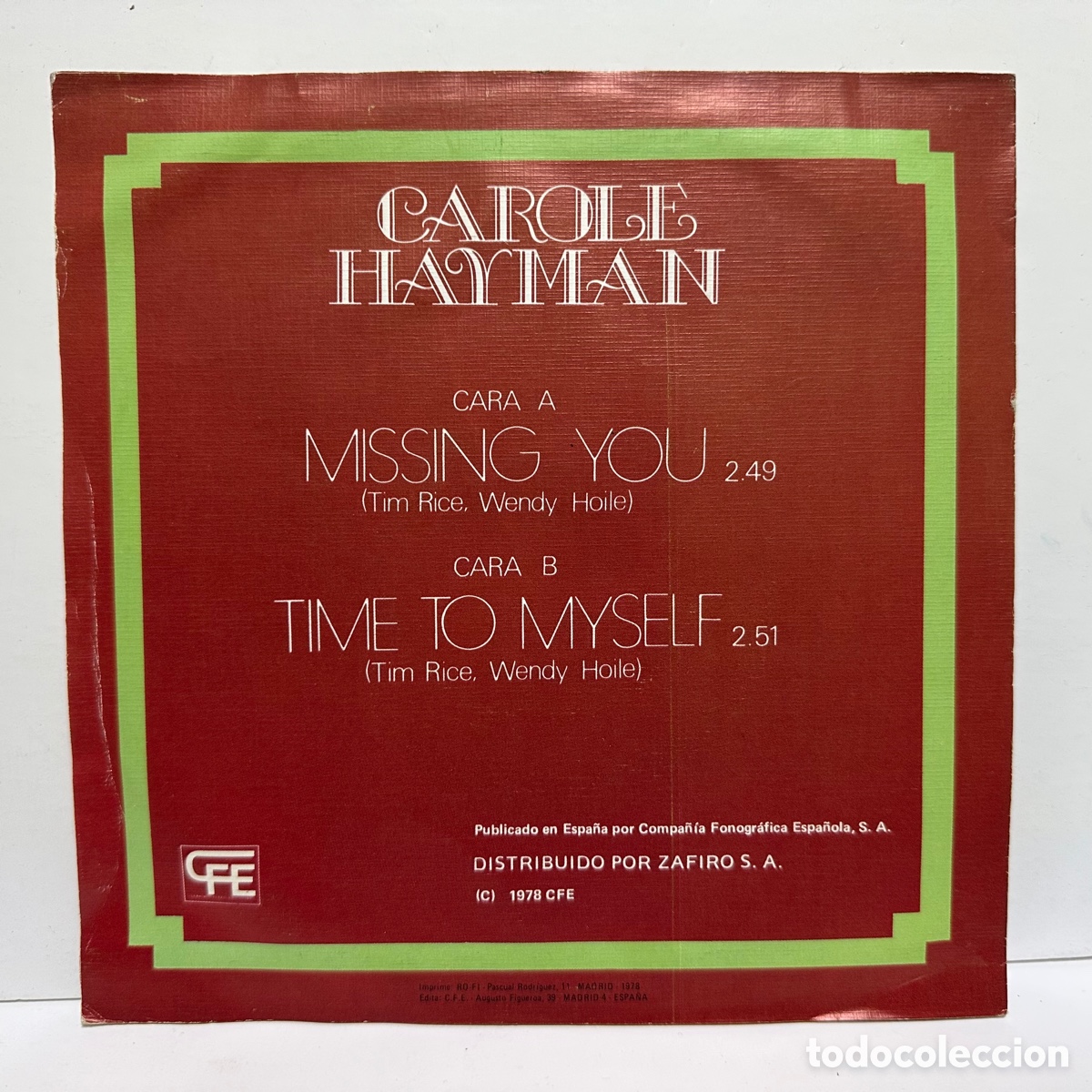 Discos de vinilo: Carole Hayman - Missing You (7&rdquo;, Single) - Foto 2