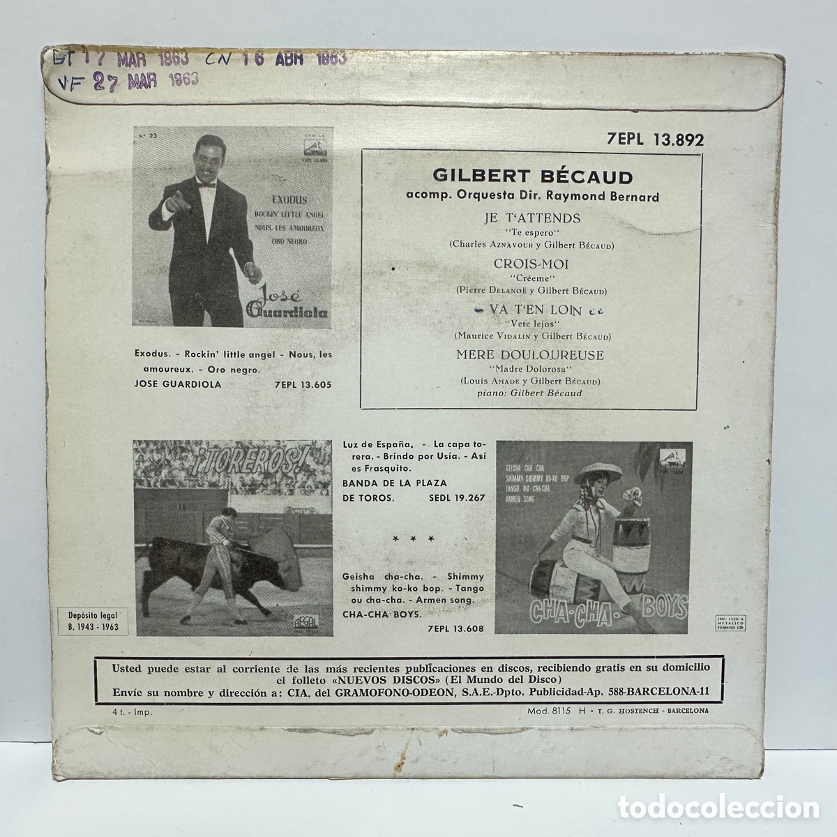 Discos de vinilo: Gilbert B&eacute;caud - Je TAttends / Crois-Moi (7&rdquo;, Single) - Foto 2