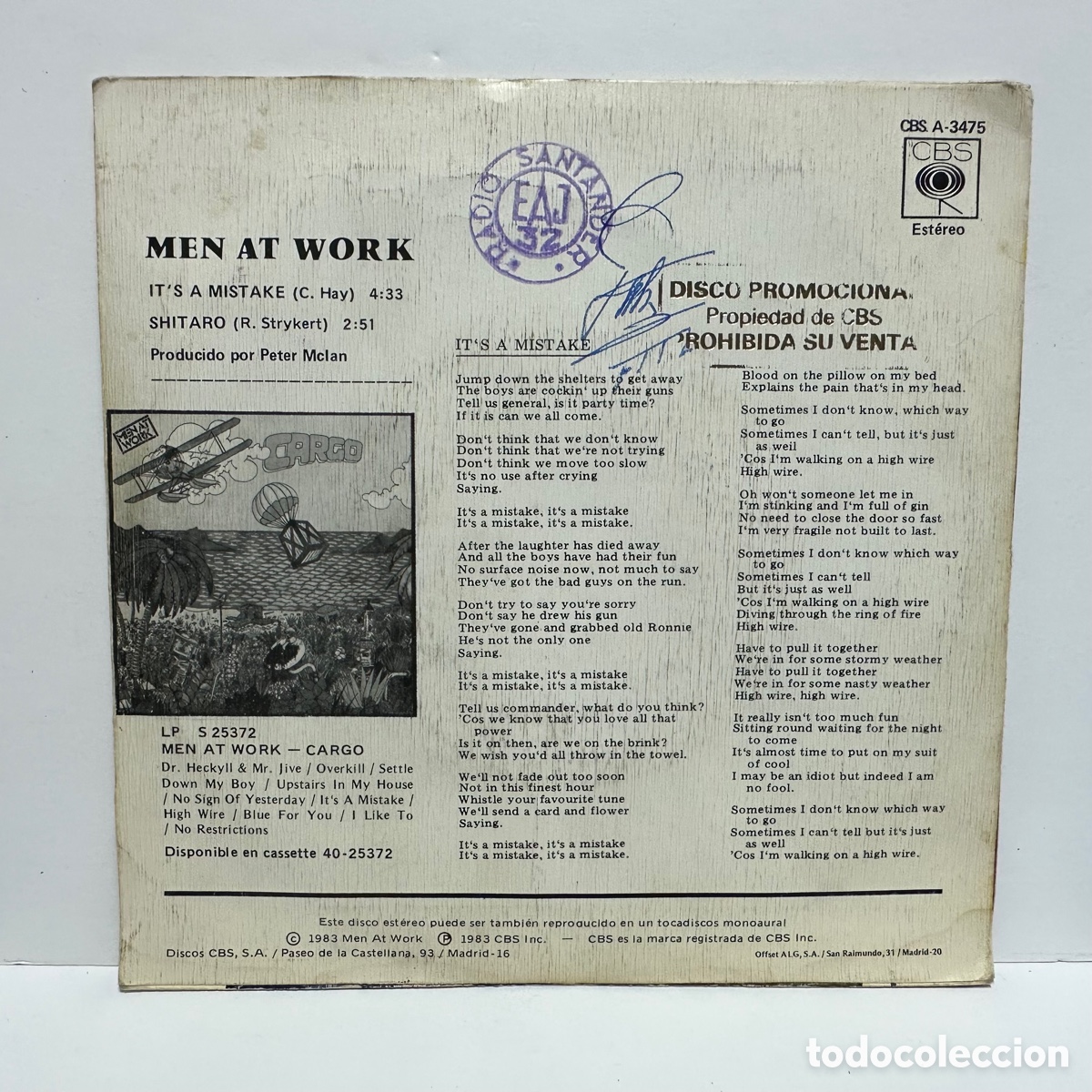 Discos de vinilo: Men At Work - Its A Mistake (7&rdquo;, Single) - Foto 2