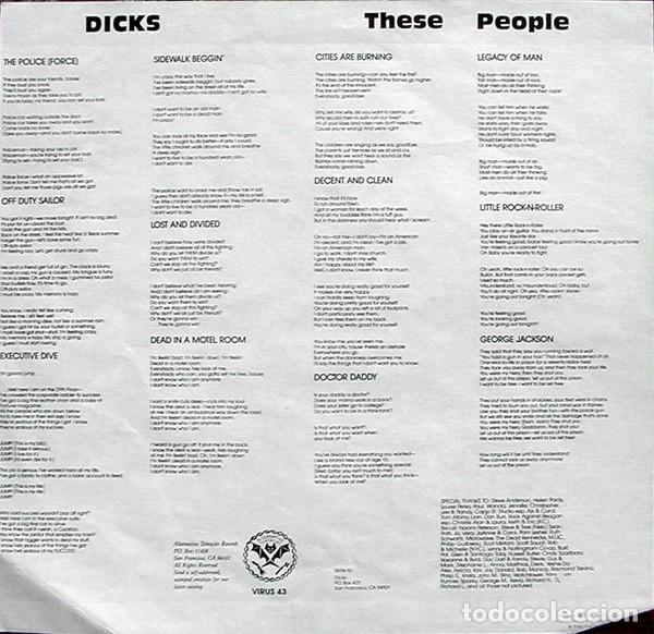 Discos de vinilo: Dicks &lrm;&ndash; These People - LP - With Insert - 1985 - Alternative Tentacles &lrm;&ndash; VIRUS 43 - Foto 5