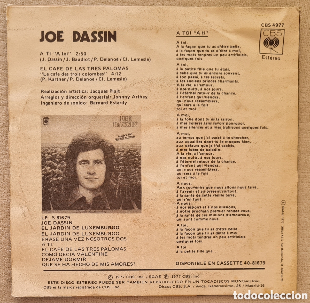 Discos de vinilo: SINGLE - JOE DASSIN - A TI &rdquo;A TOI&rdquo; - 1977 - Foto 2