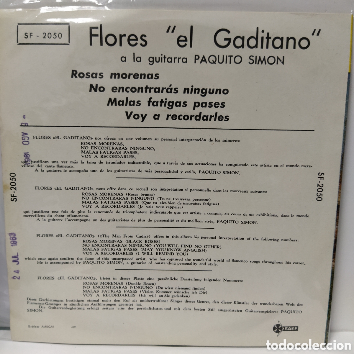Discos de vinilo: Flores El Gaditano - Rosas Morenas (7&rdquo;, Single) - Foto 2