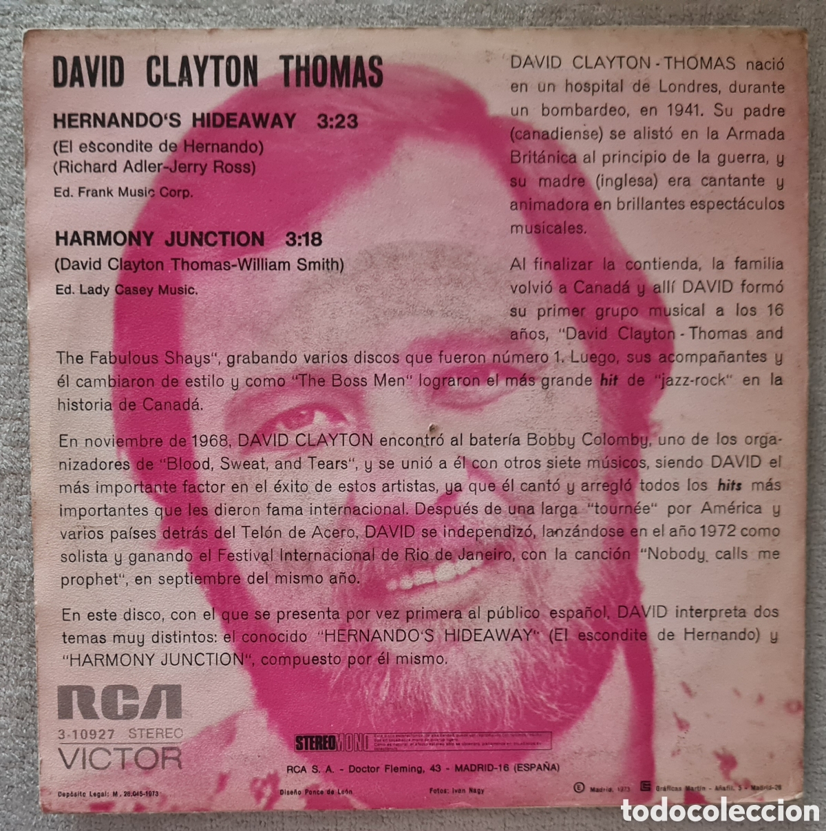 Discos de vinilo: SINGLE - DAVID CLAYTON-THOMAS - HERNANDOS HIDEAWAY - 1973 PROMO - Foto 2