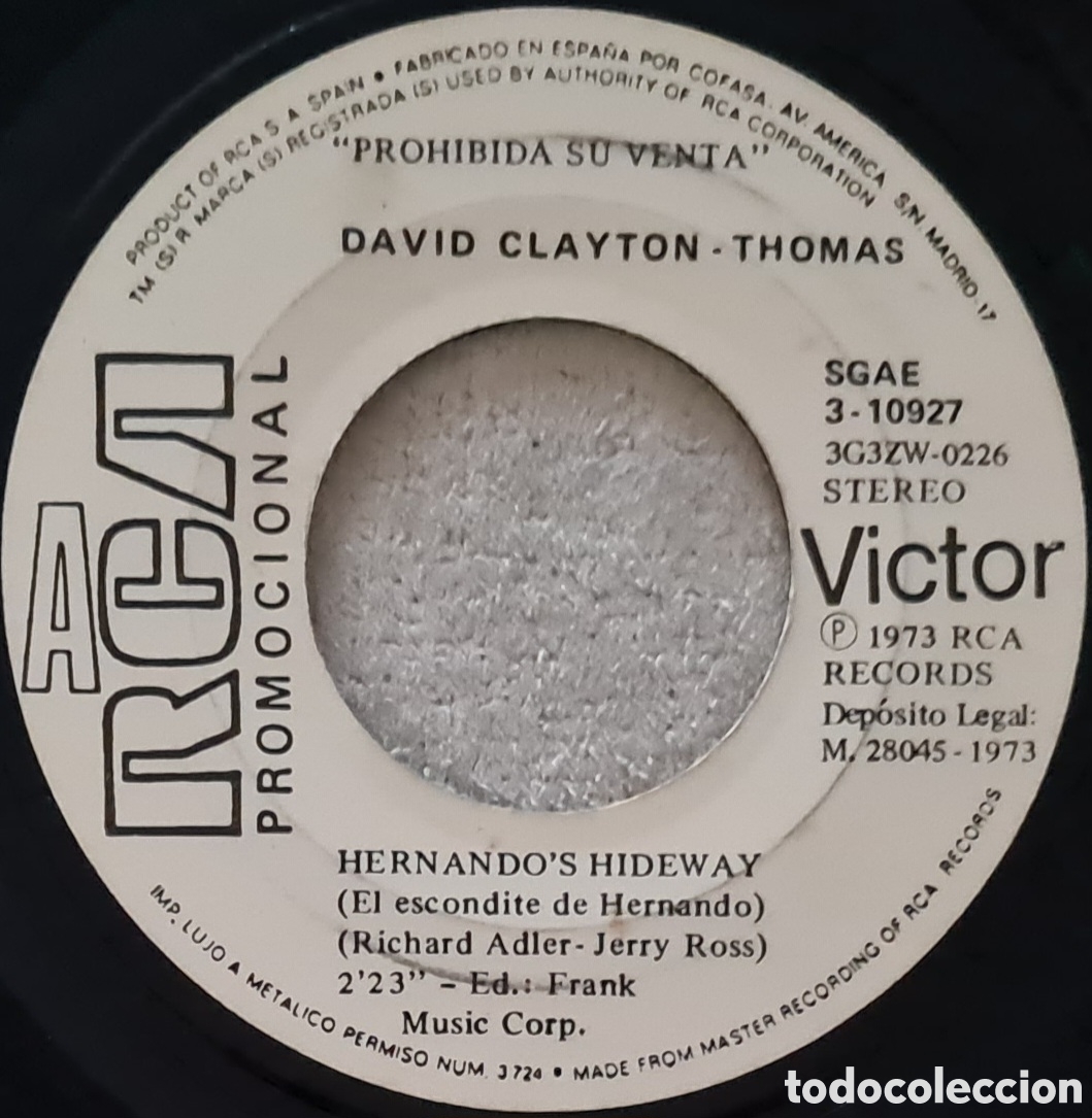 Discos de vinilo: SINGLE - DAVID CLAYTON-THOMAS - HERNANDOS HIDEAWAY - 1973 PROMO - Foto 3