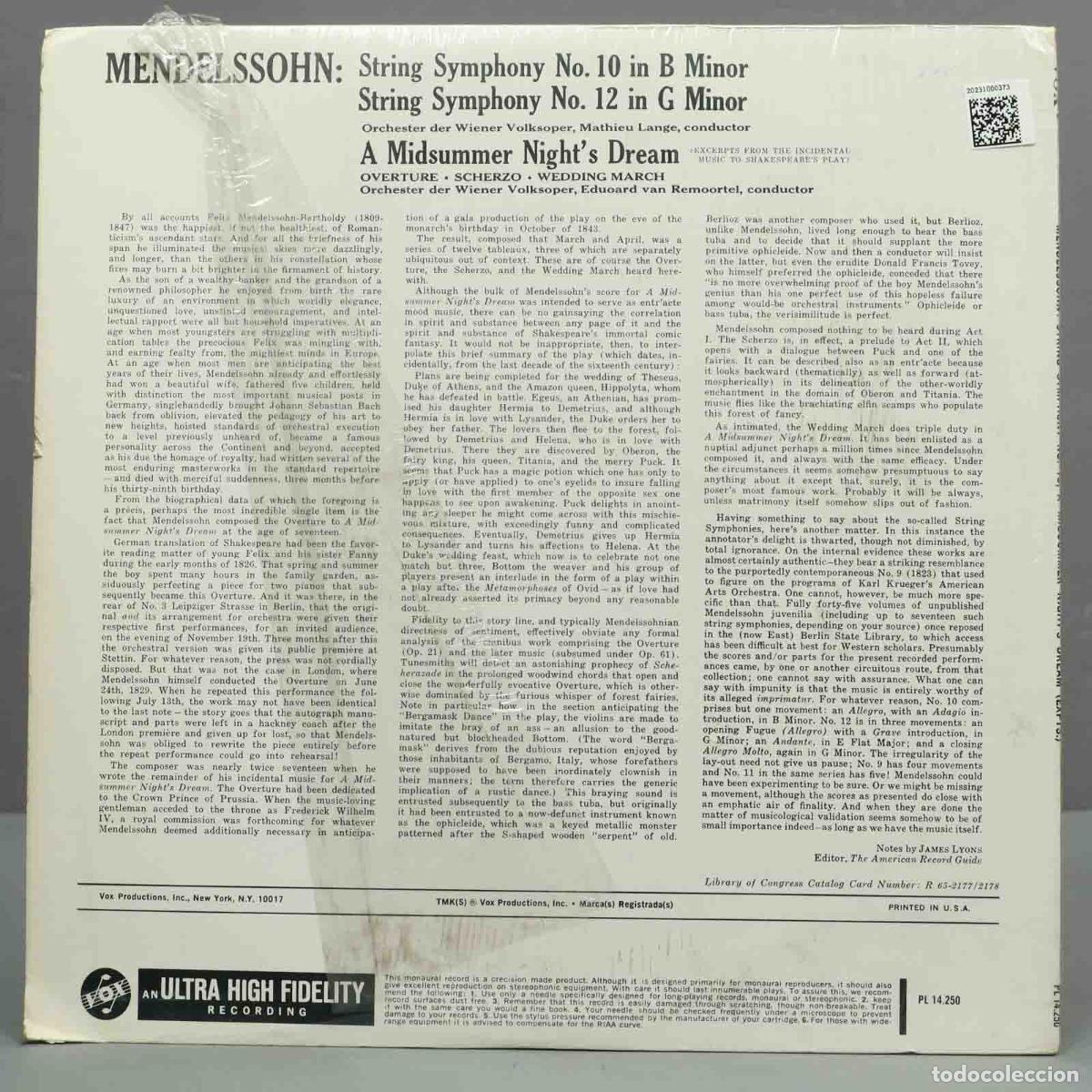 Discos de vinilo: LP. MENDELSSOHN. STRING SYMPHONY 10 12. REMOORTEL - Foto 2