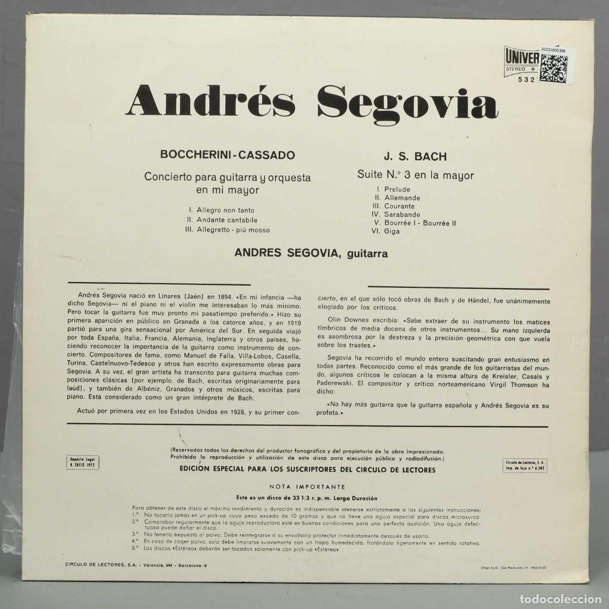 Discos de vinilo: LP. ANDRES SEGOVIA. BOCCHERINI. BACH - Foto 2