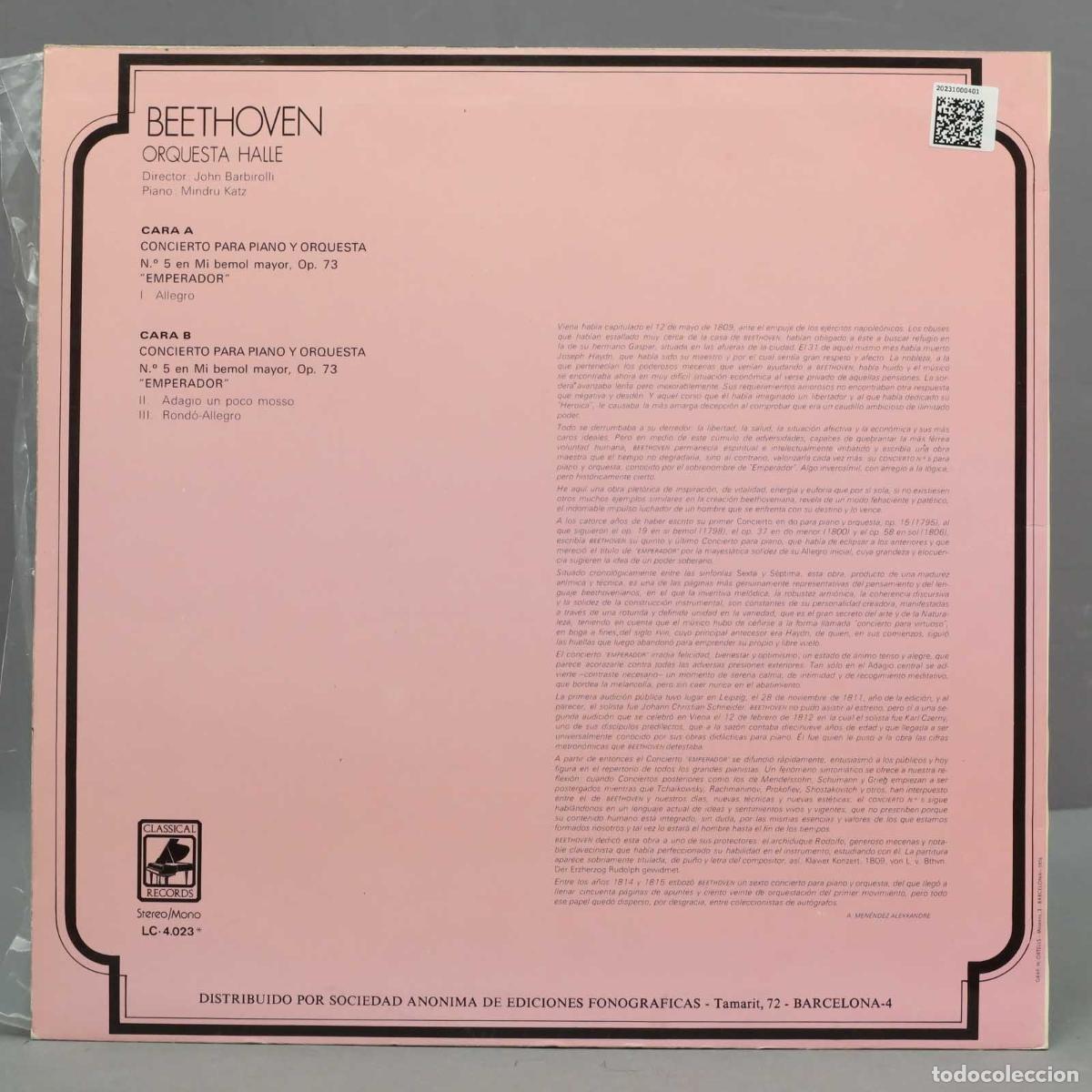Discos de vinilo: LP. BEETHOVEN. EMPEROR. KATZ. BARBIROLLI - Foto 2