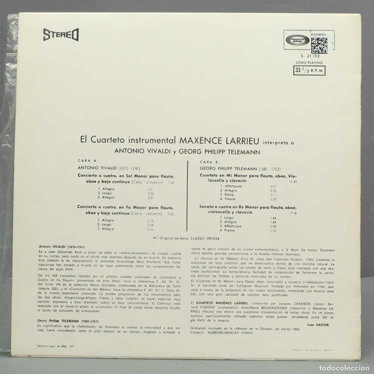 Discos de vinilo: LP.EL CUARTETO LARRIEU INTERPRETA VIVALDI TELEMANN - Foto 2