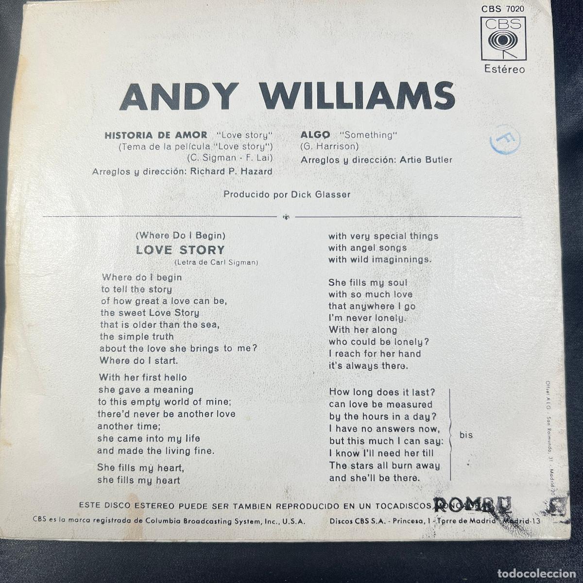 Discos de vinilo: ANDY WILLIAMS - LOVE STORY - SINGLE - Foto 2