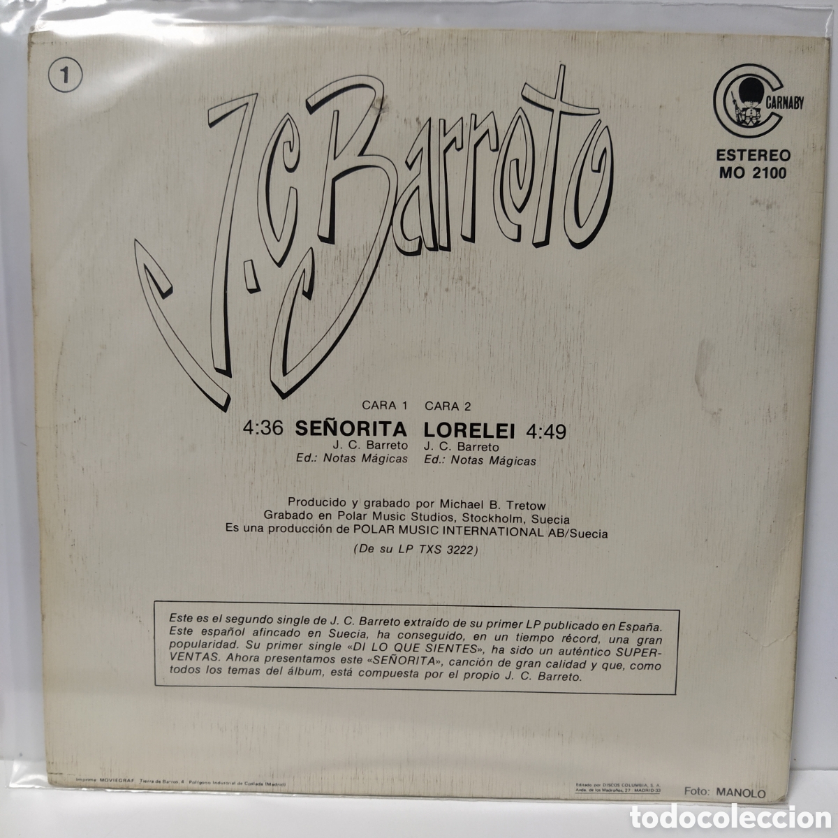 Discos de vinilo: J.C. Barreto - Se&ntilde;orita / Lorelei (7&rdquo;, Single) - Foto 2