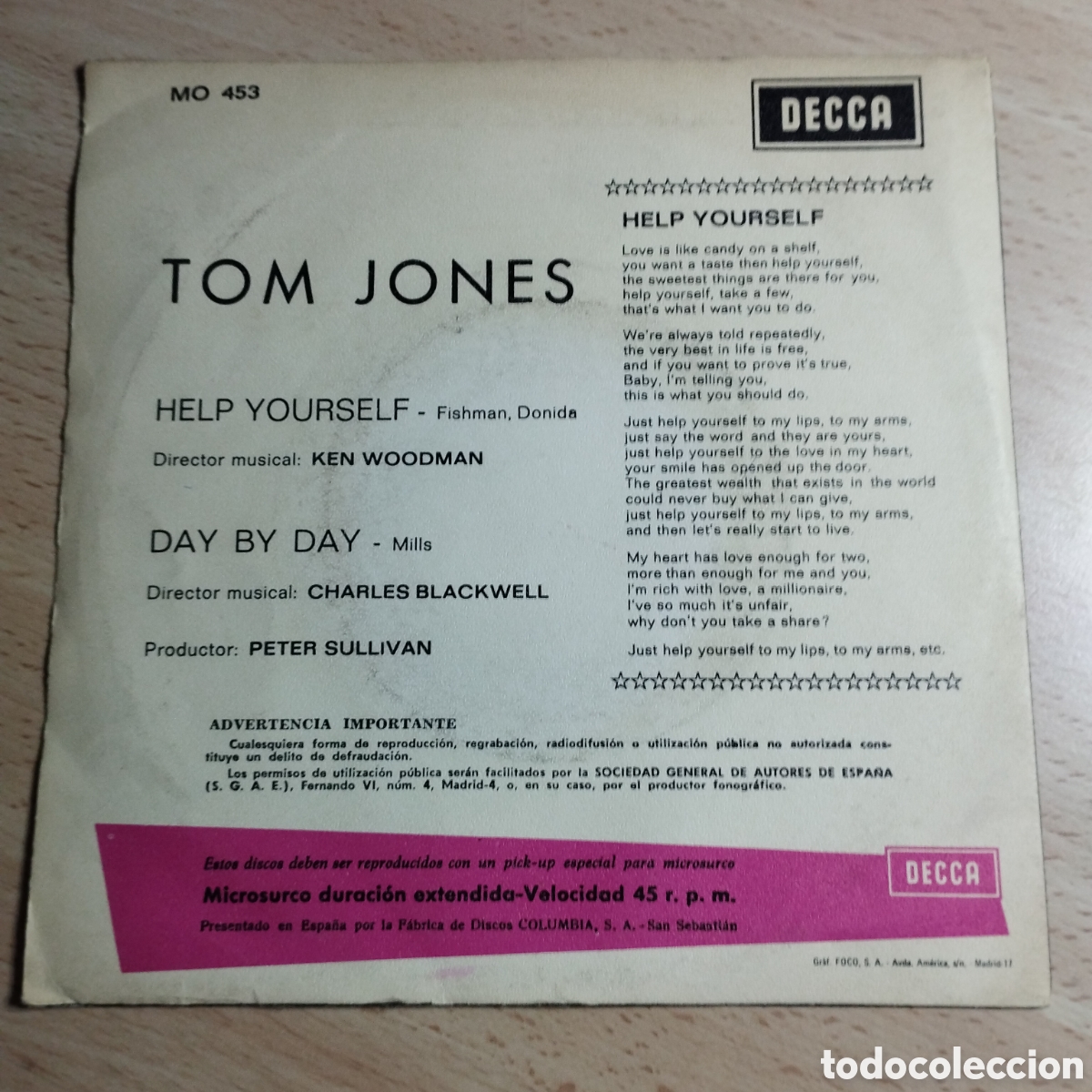 Discos de vinilo: Single 7&rdquo; Tom Jones 1968 Help Yourself + day by day. - Foto 2