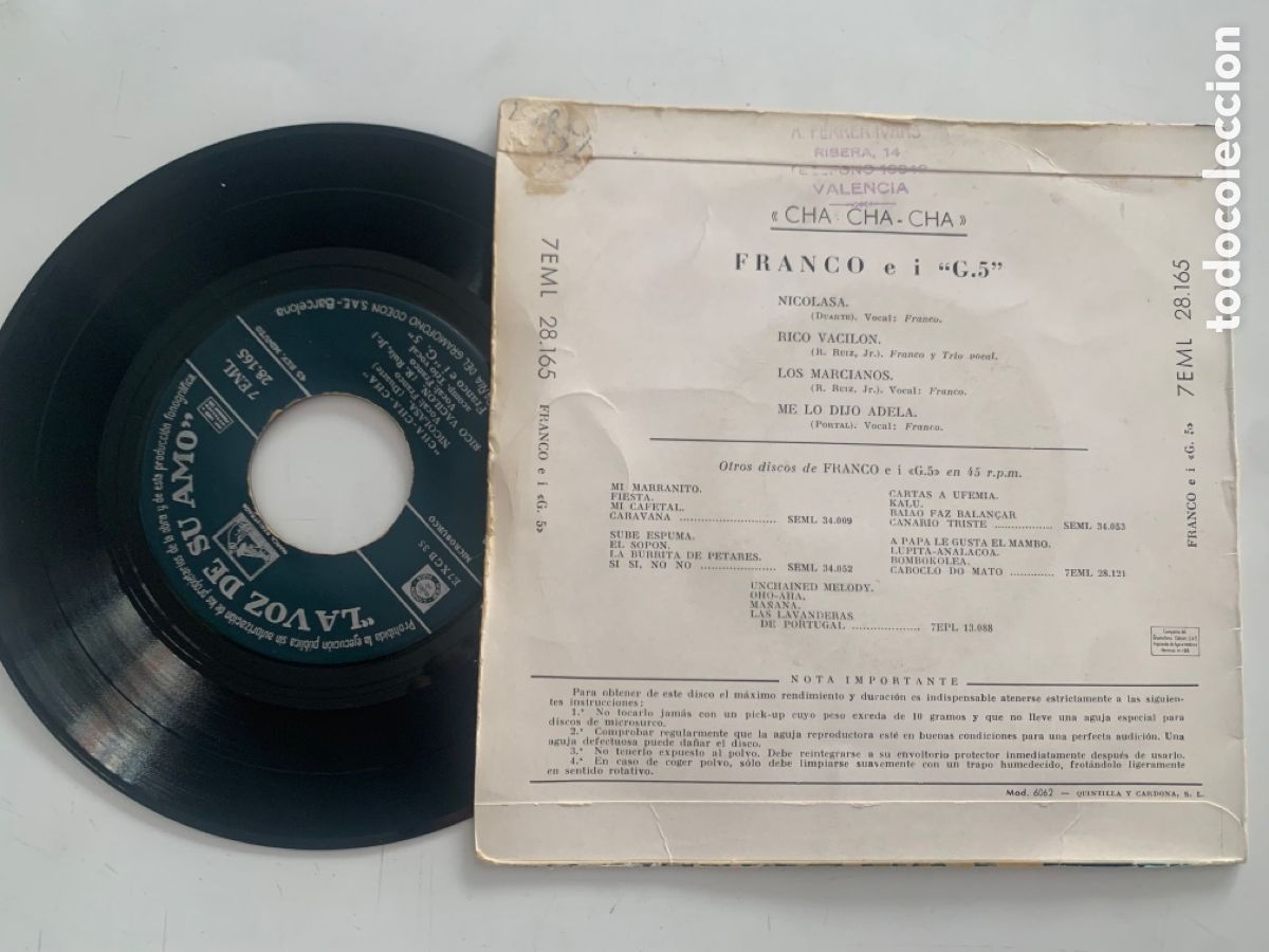Discos de vinilo: single ep de 1958 Franco E I &rdquo;G.5&rdquo; &ndash; Cha-Cha-Cha - Foto 2