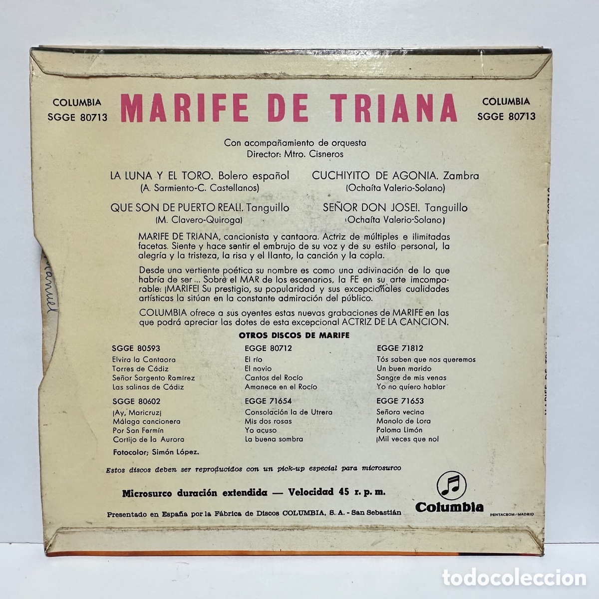 Discos de vinilo: Marif&eacute; De Triana - La Luna Y El Toro (7&rdquo;, EP) - Foto 2