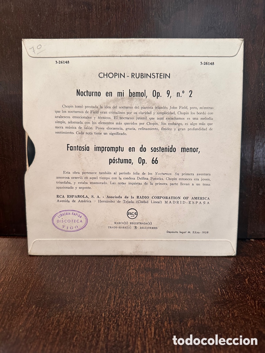 Discos de vinilo: RUBINSTEIN INTERPRETA CHOPIN - NOCTURNO EN MI BEMOL, OP. 9 N&ordm; 2 - SINGLE - Foto 2