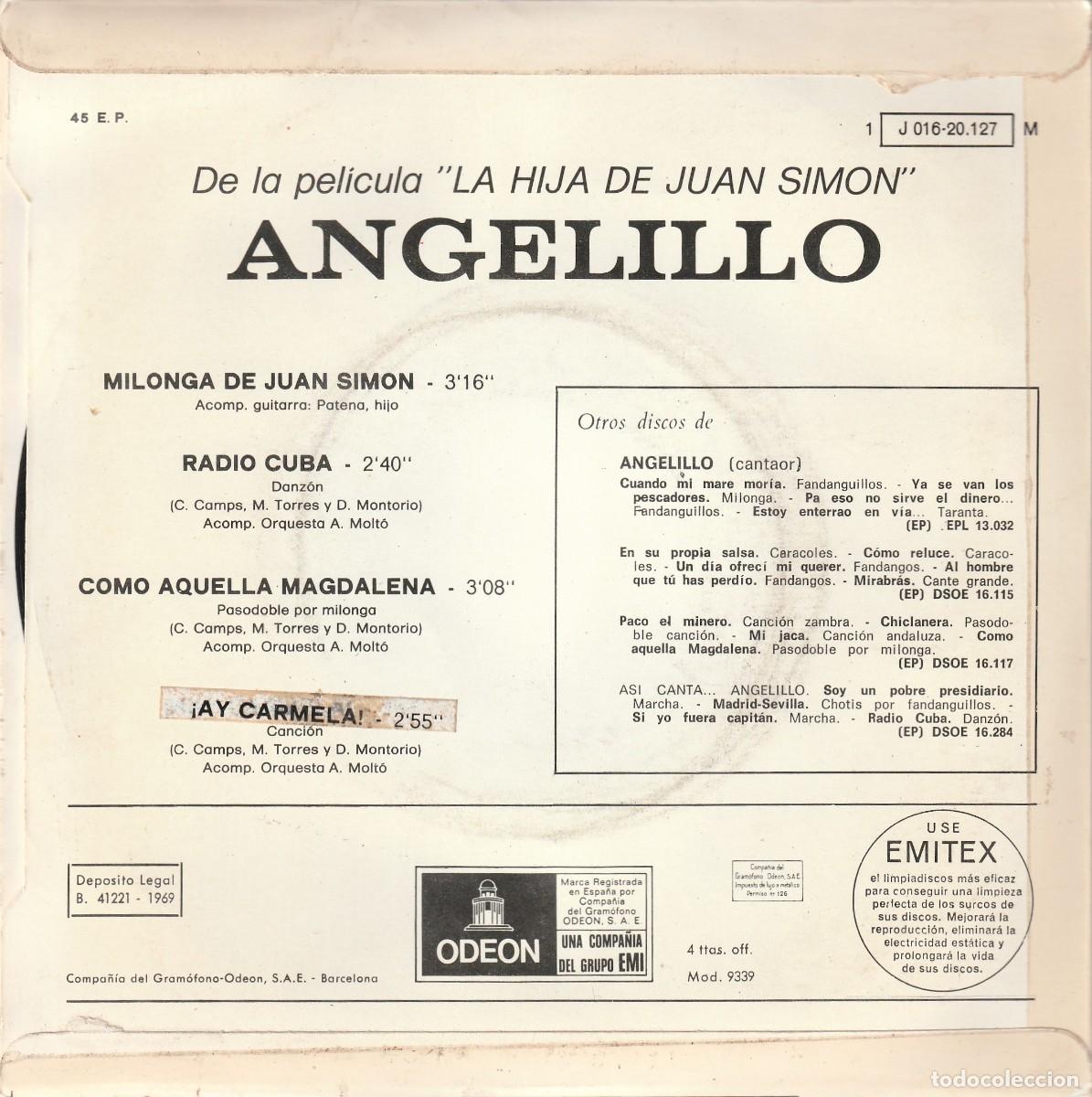 Discos de vinilo: ANGELILLO - MILONGA DE JUAN SIMON + 3 (EP EMI-ODEON 1969) - Foto 2
