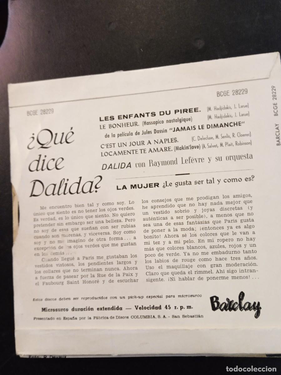 Discos de vinilo: DALIDA- LES ENFANTS DU PIREE. EP - Foto 2