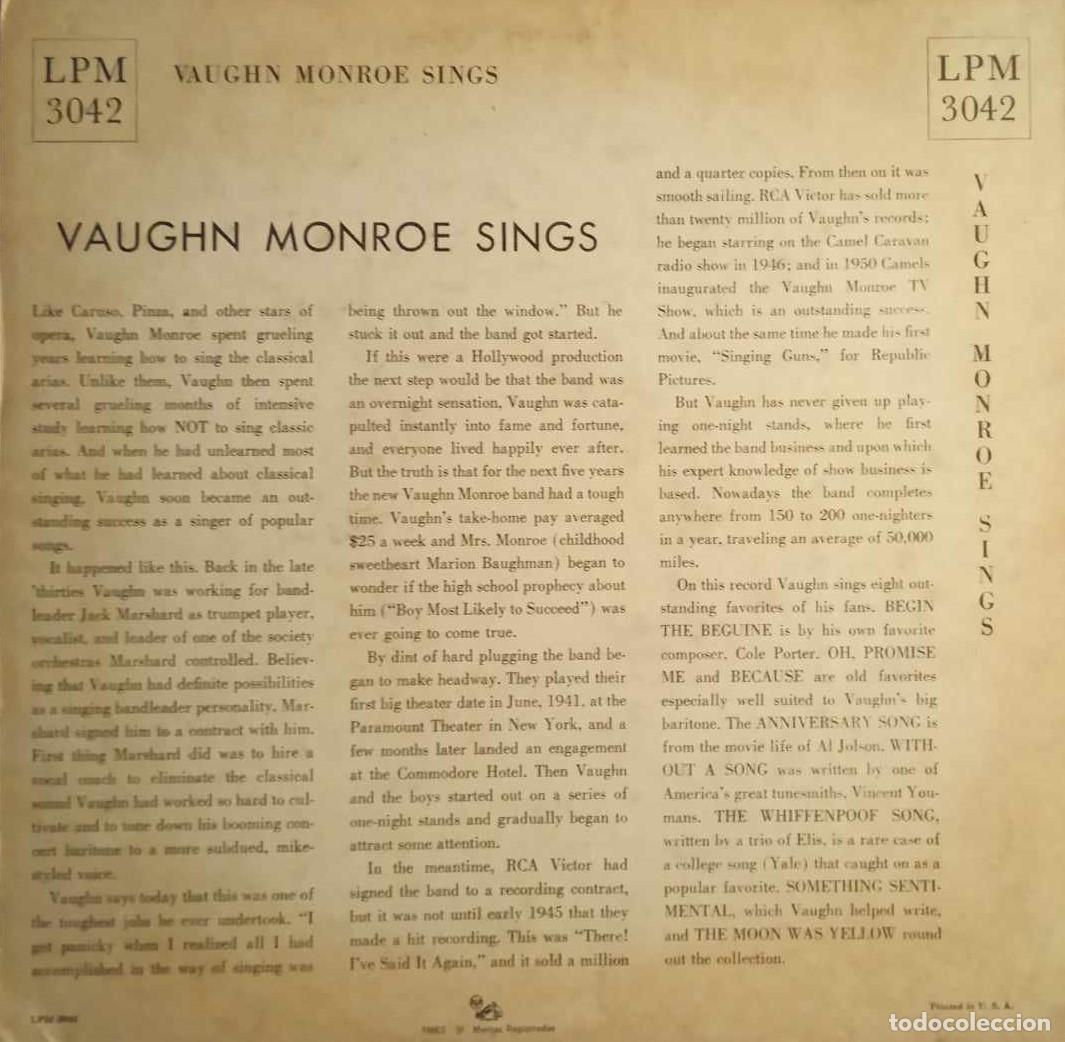 Discos de vinilo: VAUGHN MONROE - SINGS - 1952 - US - 10 - RCA - Foto 2