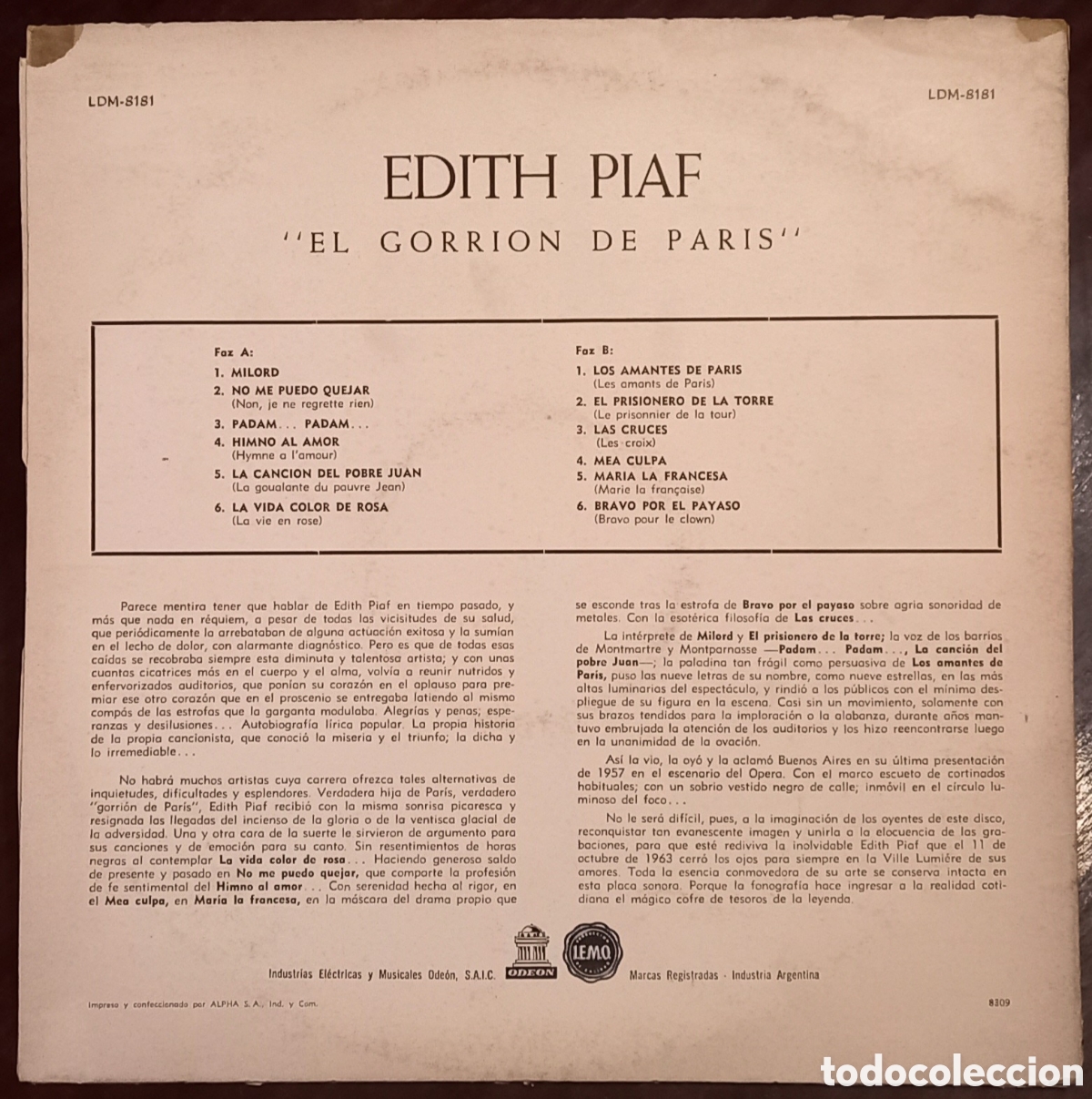 Discos de vinilo: Disco &rdquo;El gorri&oacute;n de Paris&rdquo; de Edith Piaf - Foto 2